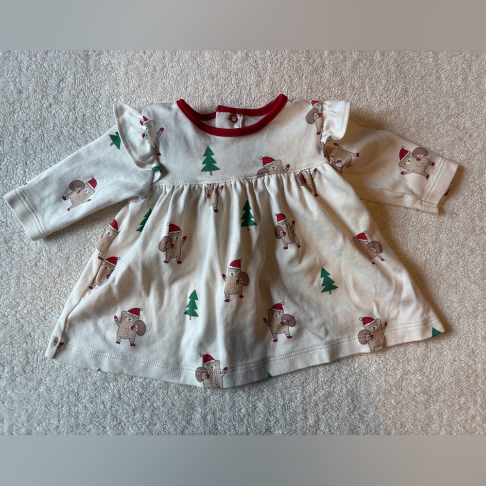 Kissy Love Festive Cream Baby Dress with Santa Teddy Bear Print, 0-3 Months